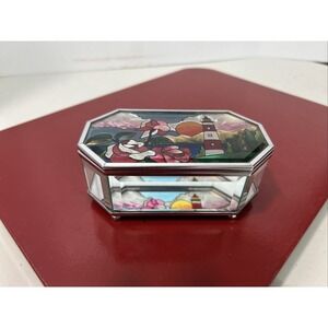 Vintage Lighthouse Trinket Box Stained Beveled Glass Hand Painted Mirrored 5.5"‎